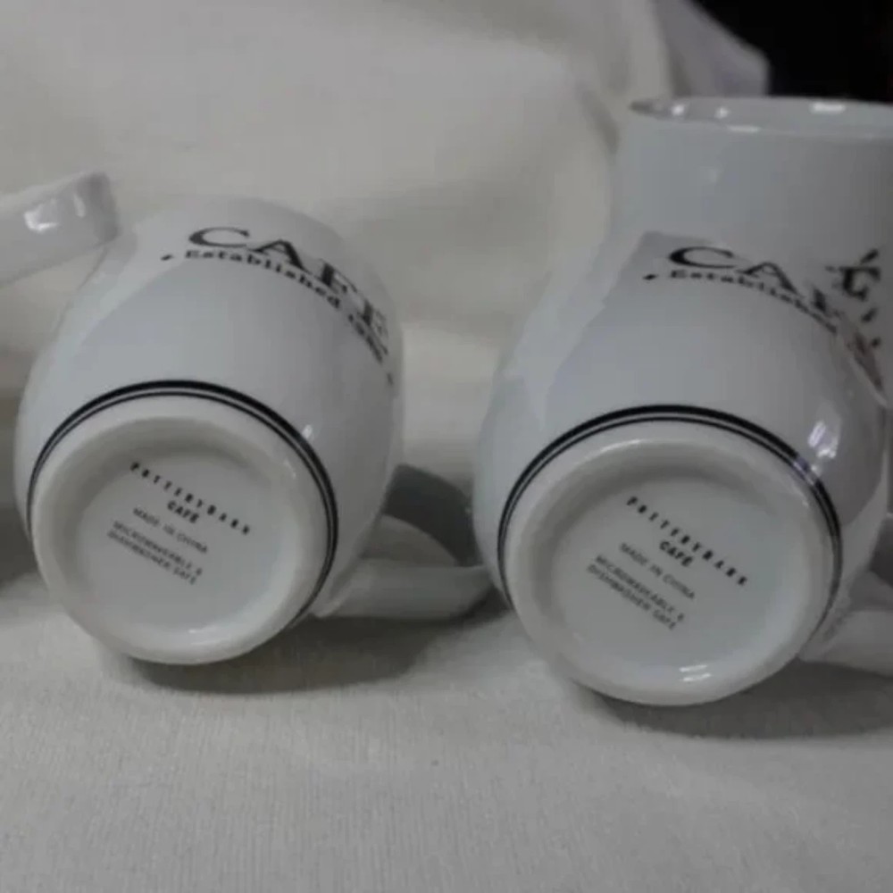 Pottery Barn Cafe Est 1986 *** Set of 2 Cups *** White with Black Design - Picture 5 of 9
